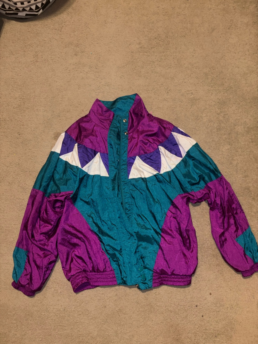 Vintage Colorblock Lightweight Bomber Jacket in Teal, Purple & White